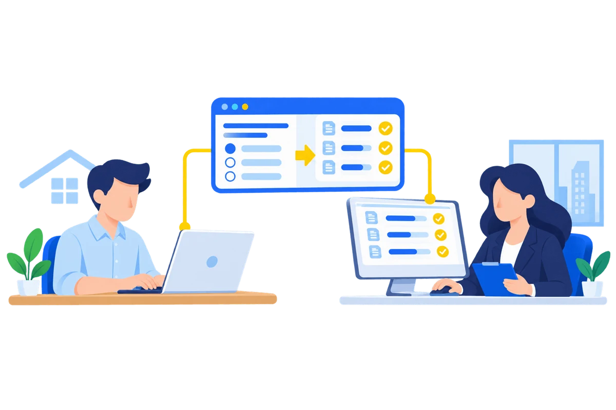 自宅のPCで採用試験を受ける応募者と、会社で結果を確かめる採用担当者
